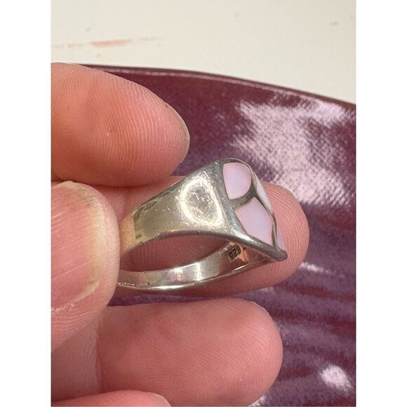 Vintage STERLING SILVER PINK MOTHER OF PEARL STONE Inlay SIZE 8 - Picture 6 of 9